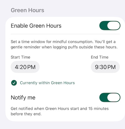 Green Hours settings